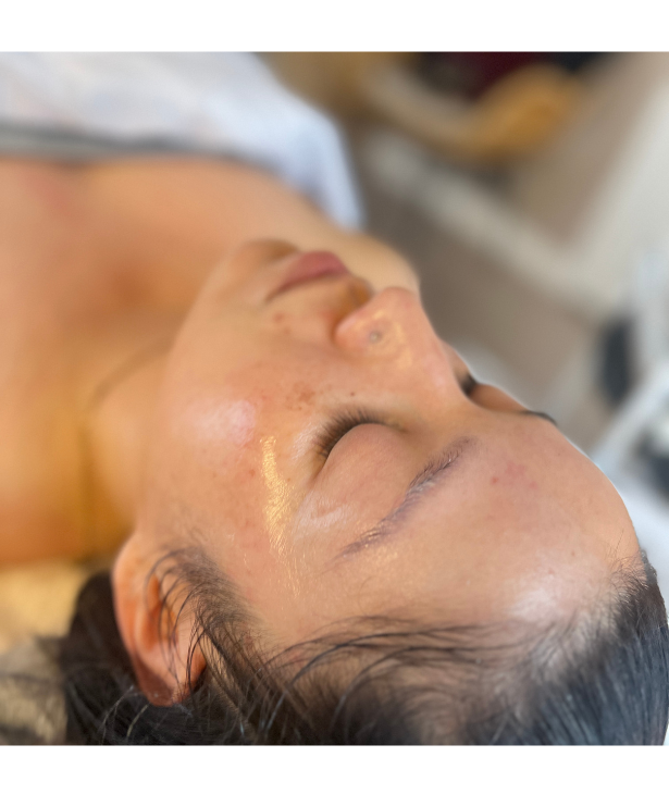 Client relaxing during monthly Lux VIP facial membership treatment at LUX House of Beauty in Baldwin Park, CA.